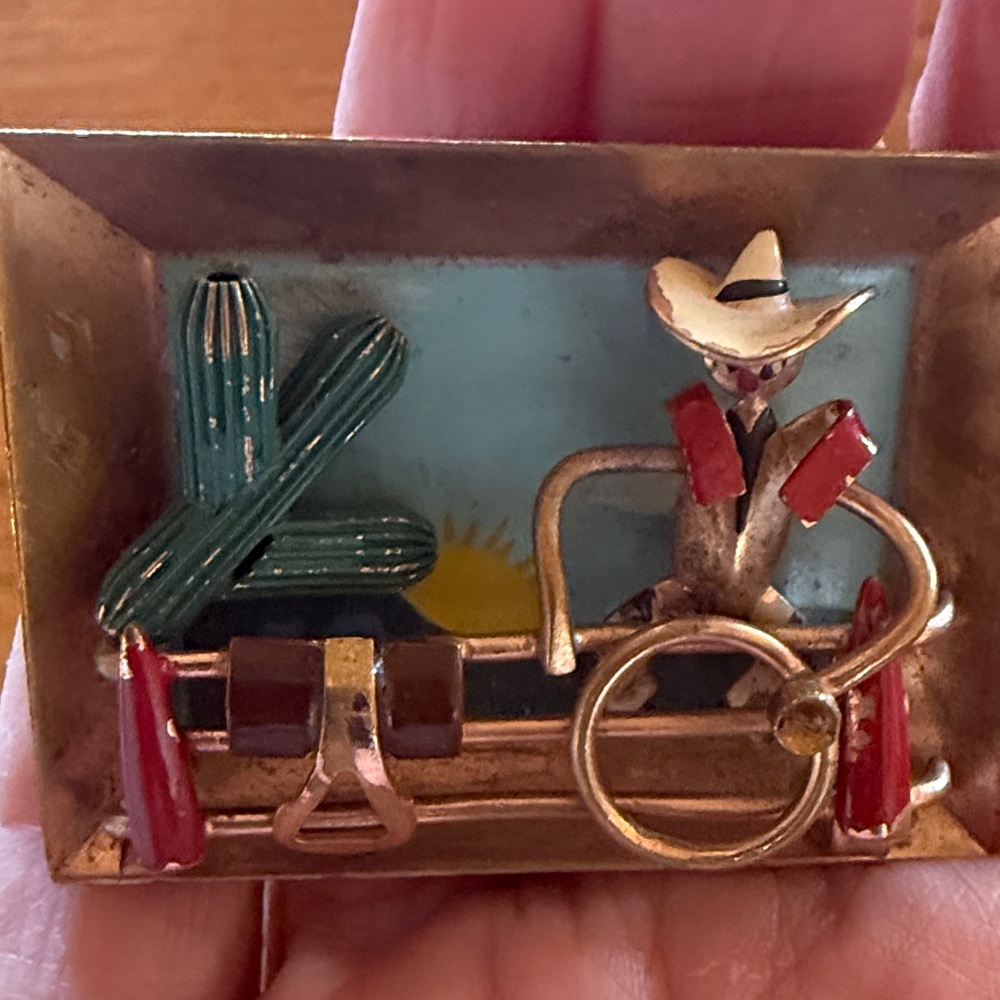 Vintage Western Cowboy Brooch with Turquoise Cactus